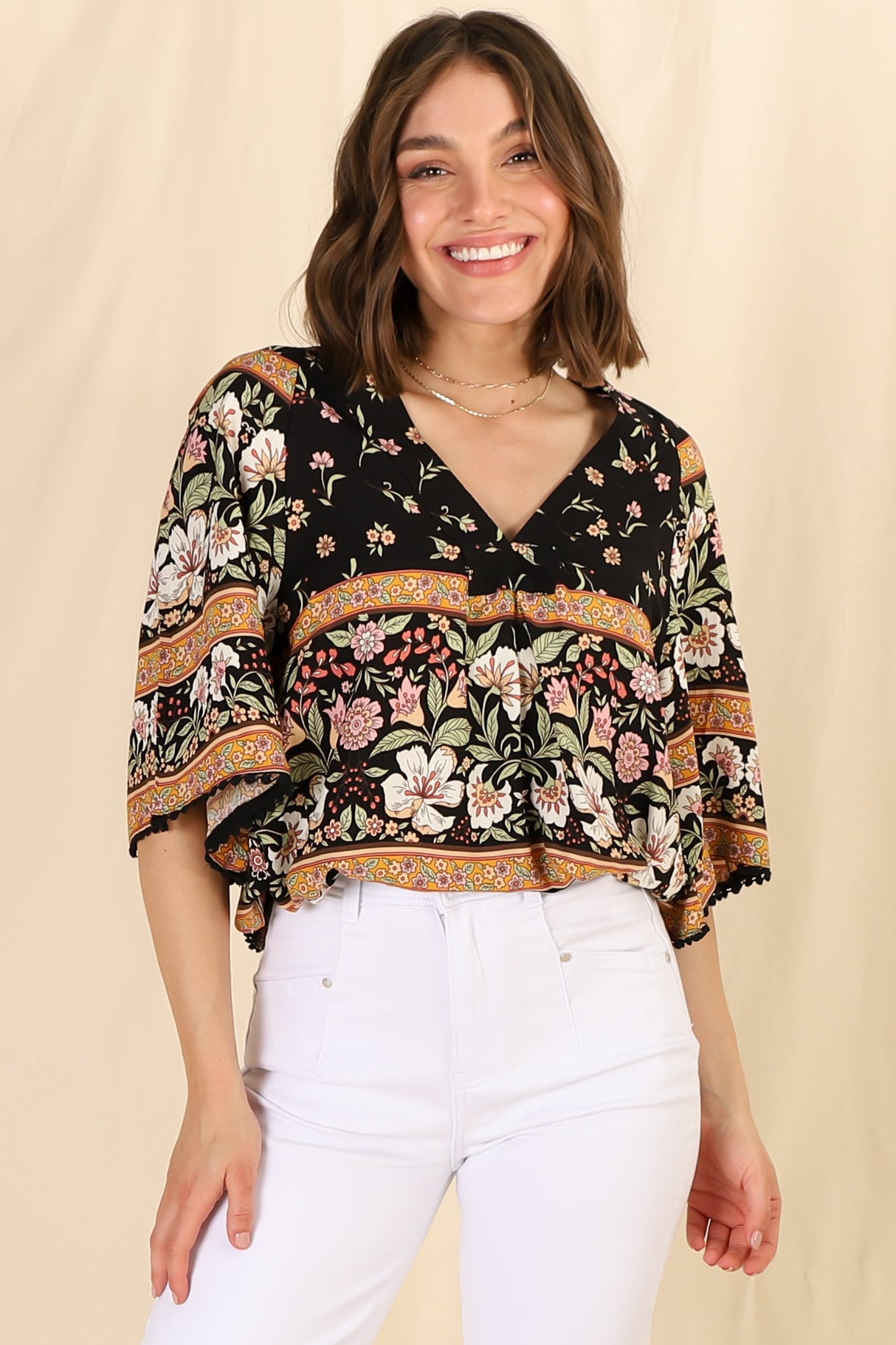 Gabriella Top - Mandarin Collar Deep V Neck Crochet Trim Top in Eternity Print