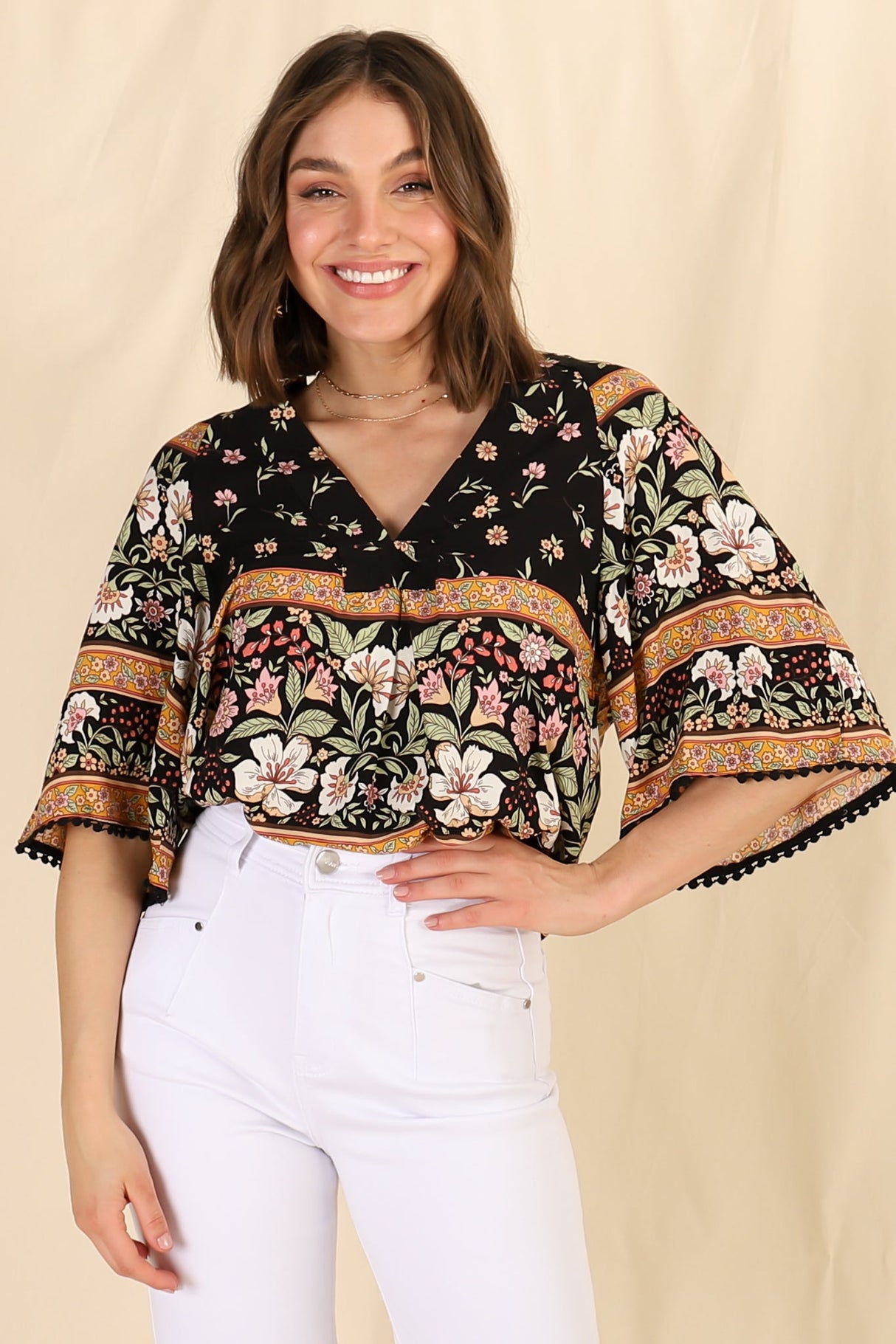 JAASE - Gabriella Top: Mandarin Collar Deep V Neck Crochet Trim Top in Eternity Print