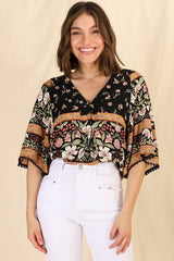 JAASE - Gabriella Top: Mandarin Collar Deep V Neck Crochet Trim Top in Eternity Print