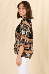 JAASE - Gabriella Top: Mandarin Collar Deep V Neck Crochet Trim Top in Eternity Print