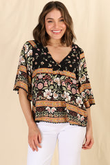 Gabriella Top - Mandarin Collar Deep V Neck Crochet Trim Top in Eternity Print