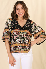 JAASE - Gabriella Top: Mandarin Collar Deep V Neck Crochet Trim Top in Eternity Print