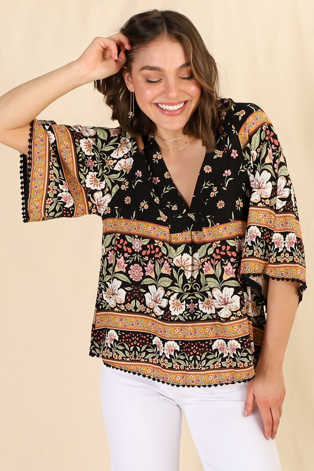 JAASE - Gabriella Top: Mandarin Collar Deep V Neck Crochet Trim Top in Eternity Print