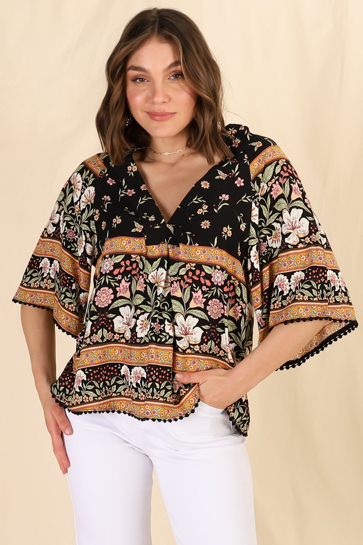 Gabriella Top - Mandarin Collar Deep V Neck Crochet Trim Top in Eternity Print