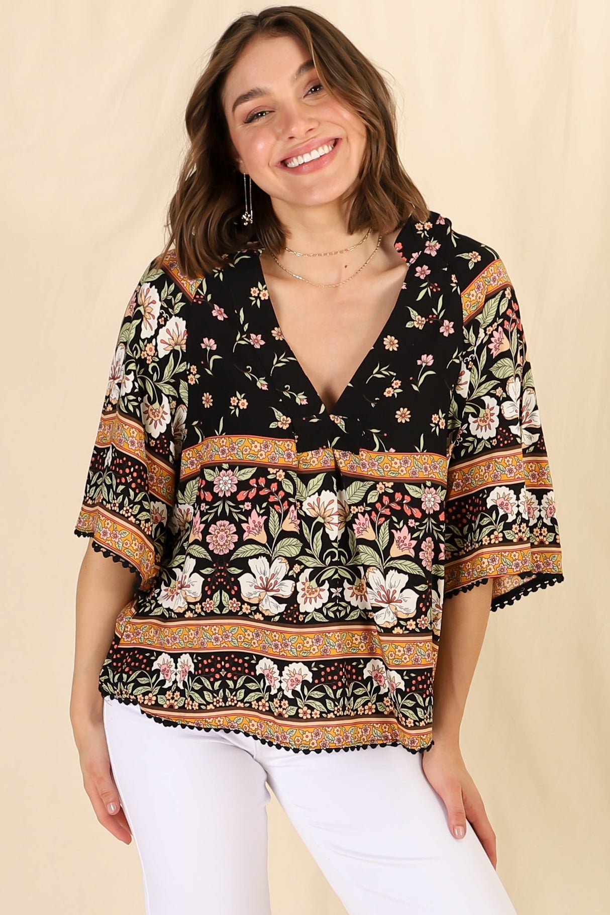 Gabriella Top - Mandarin Collar Deep V Neck Crochet Trim Top in Eternity Print