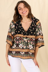 JAASE - Gabriella Top: Mandarin Collar Deep V Neck Crochet Trim Top in Eternity Print