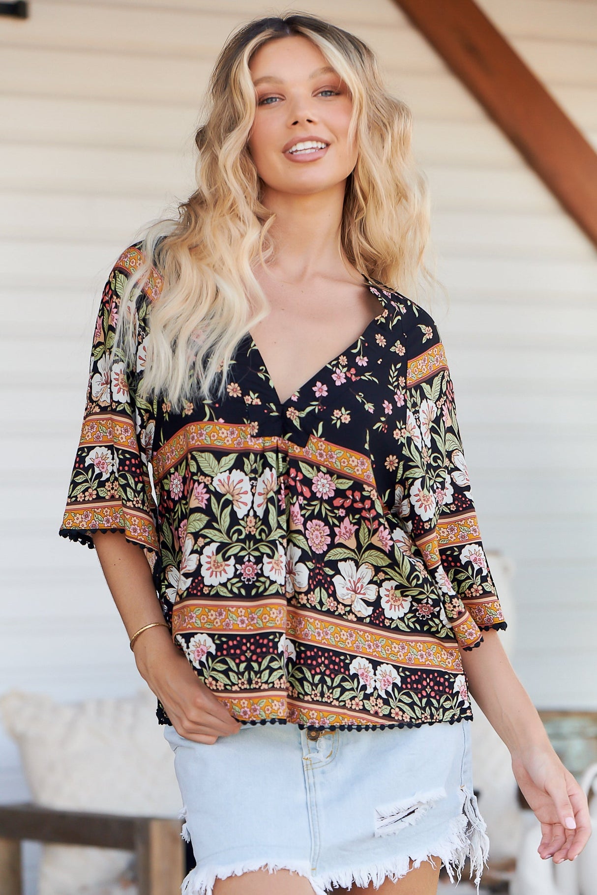 Gabriella Top - Mandarin Collar Deep V Neck Crochet Trim Top in Eternity Print