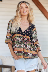 JAASE - Gabriella Top: Mandarin Collar Deep V Neck Crochet Trim Top in Eternity Print