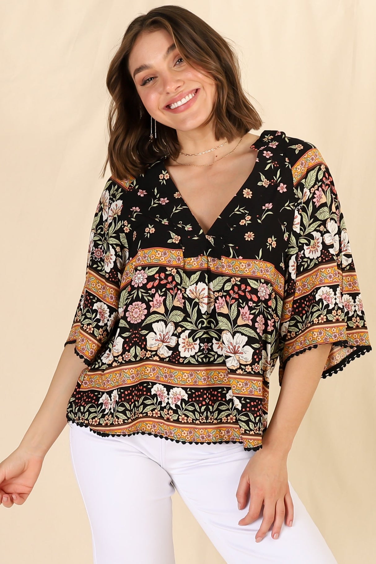 Gabriella Top - Mandarin Collar Deep V Neck Crochet Trim Top in Eternity Print