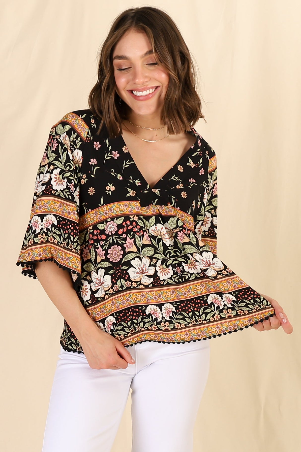 JAASE - Gabriella Top: Mandarin Collar Deep V Neck Crochet Trim Top in Eternity Print