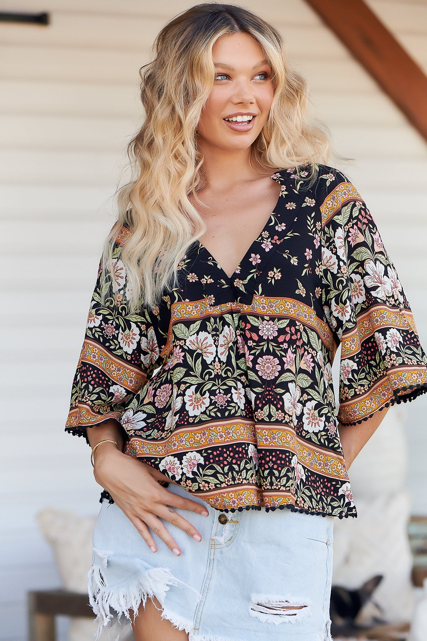 JAASE - Gabriella Top: Mandarin Collar Deep V Neck Crochet Trim Top in Eternity Print