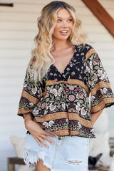 Gabriella Top - Mandarin Collar Deep V Neck Crochet Trim Top in Eternity Print