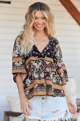 JAASE - Gabriella Top: Mandarin Collar Deep V Neck Crochet Trim Top in Eternity Print