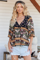 Gabriella Top - Mandarin Collar Deep V Neck Crochet Trim Top in Eternity Print