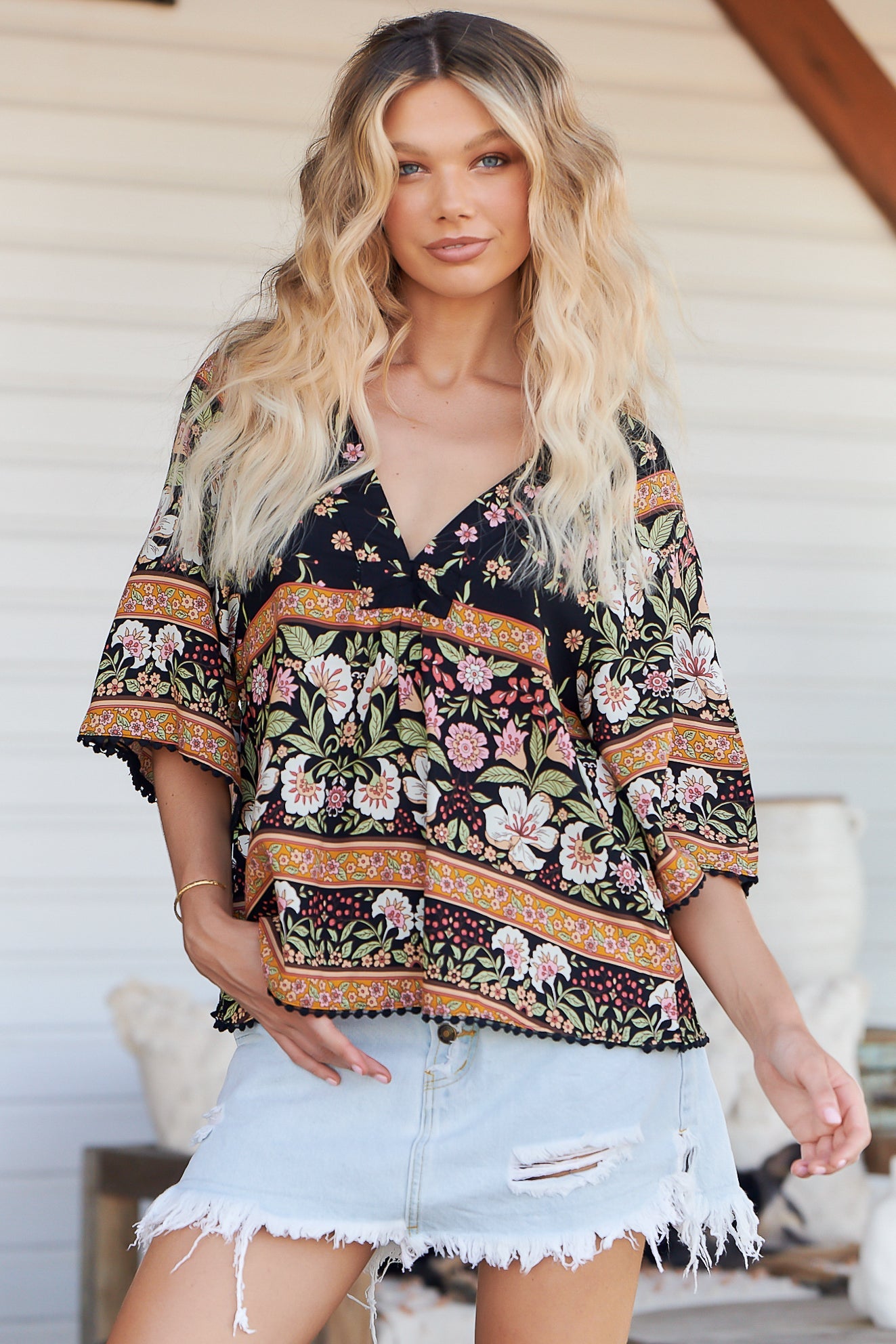 JAASE - Gabriella Top: Mandarin Collar Deep V Neck Crochet Trim Top in Eternity Print