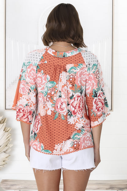 JAASE - Gabriella Top: Mandarin Collar Deep V Neck Crochet Trim Top in Fleur Print