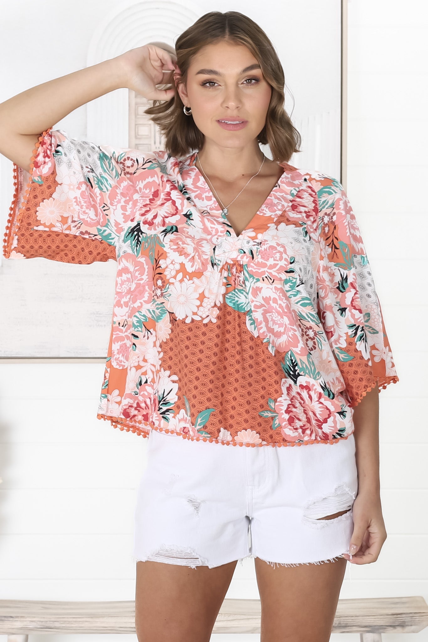 JAASE - Gabriella Top: Mandarin Collar Deep V Neck Crochet Trim Top in Fleur Print