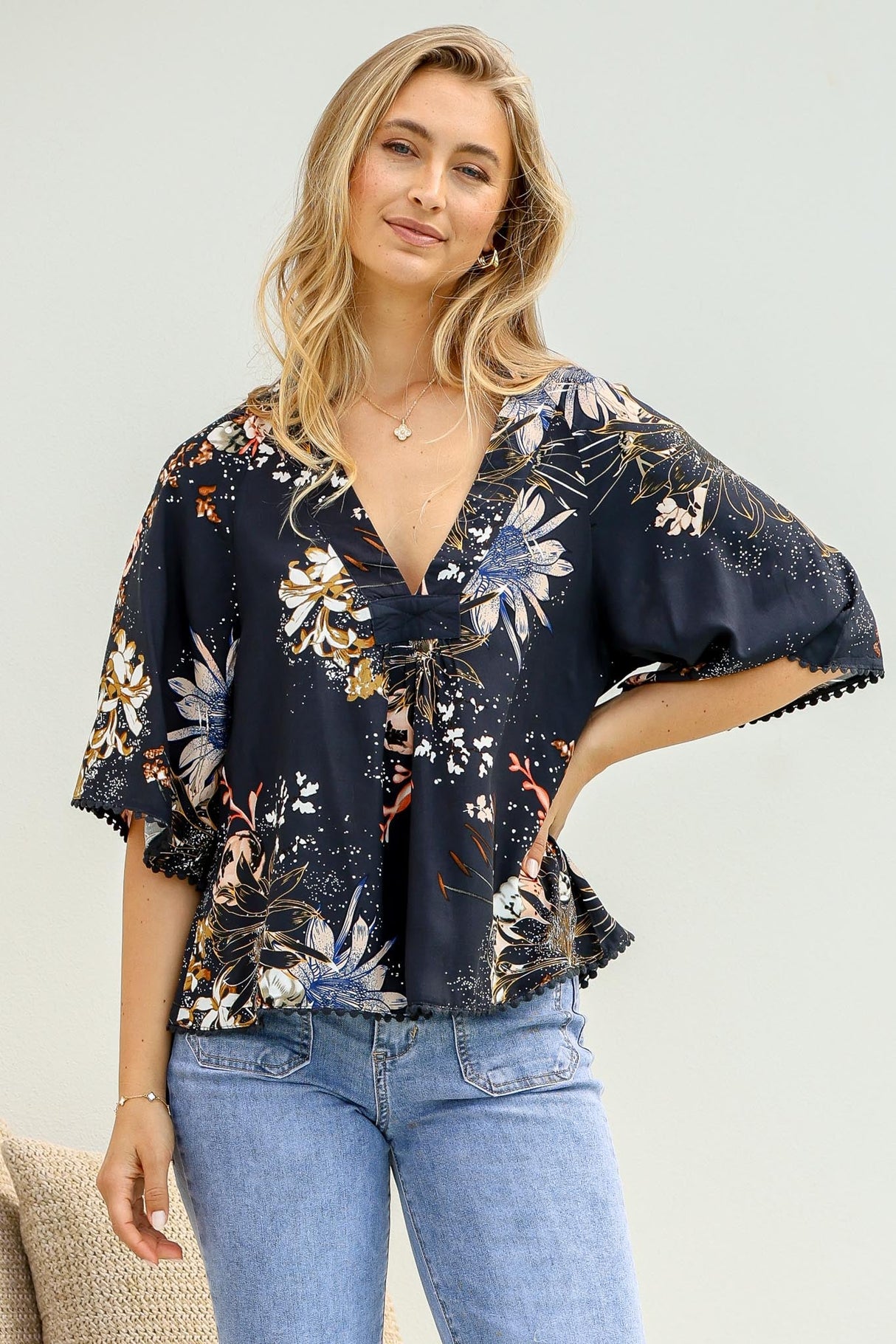 Gabriella Top - Mandarin Collar Deep V Neck Crochet Trim Top in Indigo Print