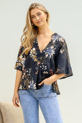 JAASE - Gabriella Top: Mandarin Collar Deep V Neck Crochet Trim Top in Indigo Print