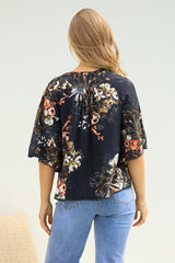 JAASE - Gabriella Top: Mandarin Collar Deep V Neck Crochet Trim Top in Indigo Print