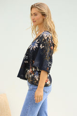 JAASE - Gabriella Top: Mandarin Collar Deep V Neck Crochet Trim Top in Indigo Print