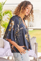 JAASE - Gabriella Top: Mandarin Collar Deep V Neck Crochet Trim Top in Indigo Print