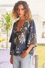 JAASE - Gabriella Top: Mandarin Collar Deep V Neck Crochet Trim Top in Indigo Print