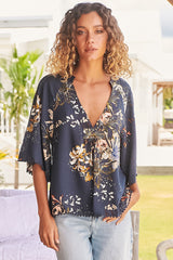 JAASE - Gabriella Top: Mandarin Collar Deep V Neck Crochet Trim Top in Indigo Print