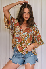 JAASE - Gabriella Top: Mandarin Collar Deep V Neck Crochet Trim Top in Mimosa Print