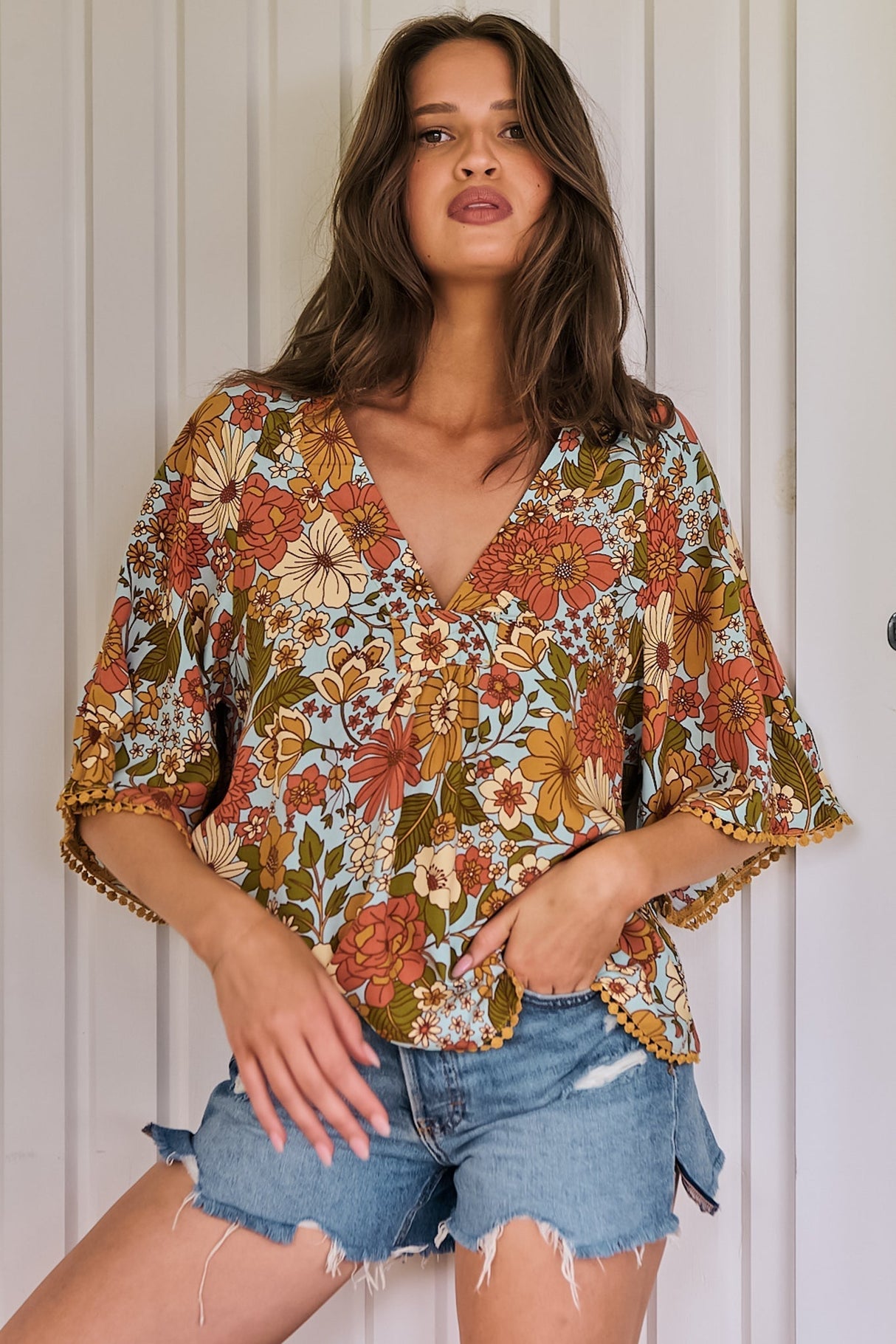 JAASE - Gabriella Top: Mandarin Collar Deep V Neck Crochet Trim Top in Mimosa Print