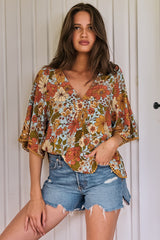JAASE - Gabriella Top: Mandarin Collar Deep V Neck Crochet Trim Top in Mimosa Print