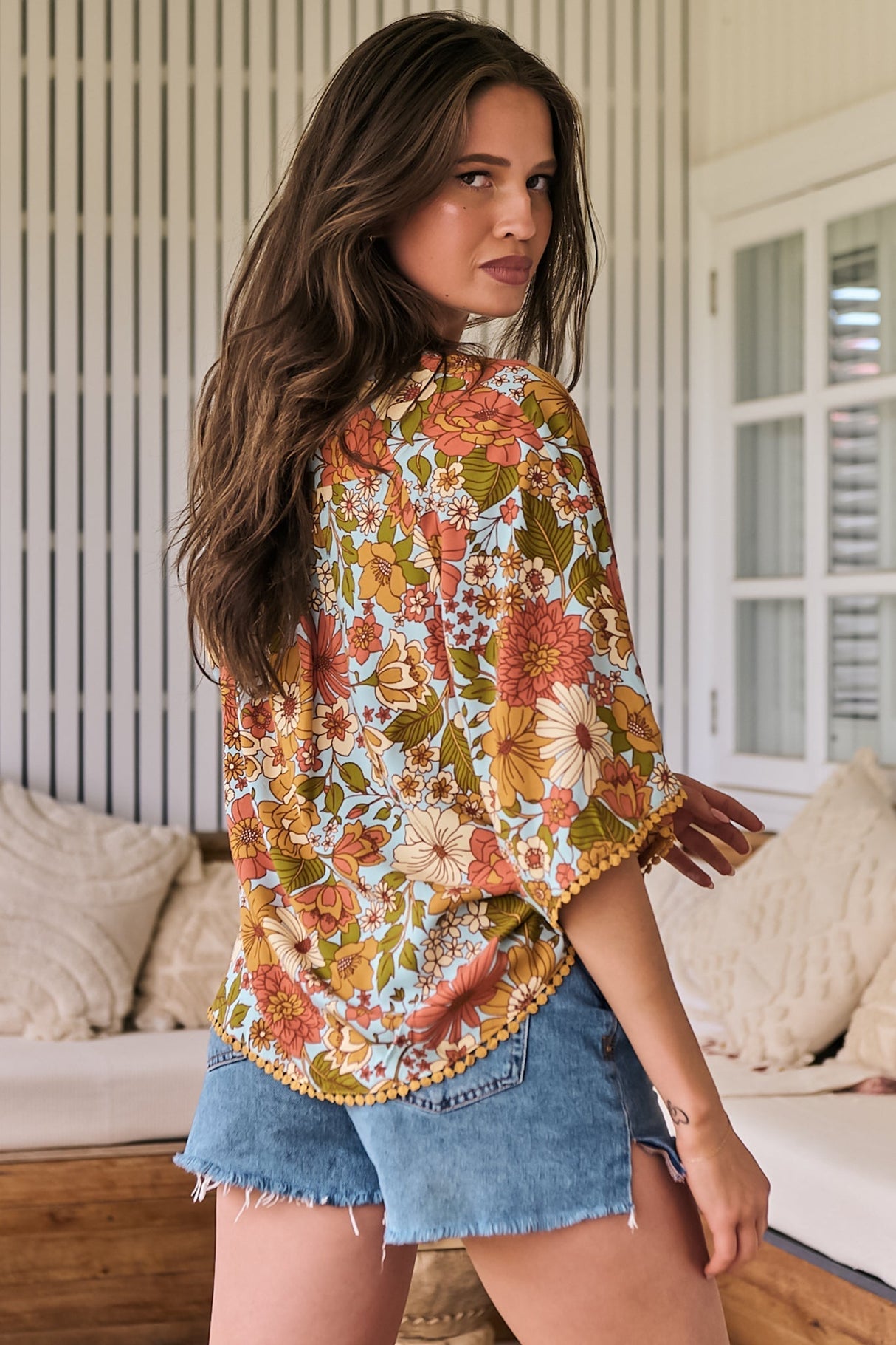 JAASE - Gabriella Top: Mandarin Collar Deep V Neck Crochet Trim Top in Mimosa Print