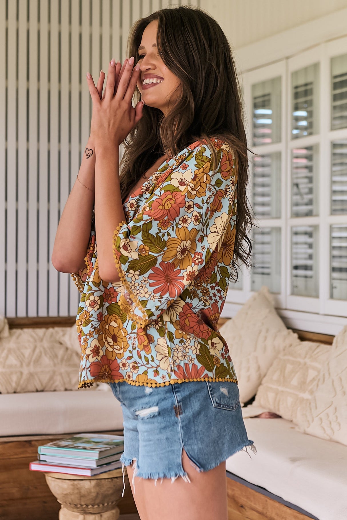 JAASE - Gabriella Top: Mandarin Collar Deep V Neck Crochet Trim Top in Mimosa Print