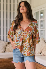 JAASE - Gabriella Top: Mandarin Collar Deep V Neck Crochet Trim Top in Mimosa Print