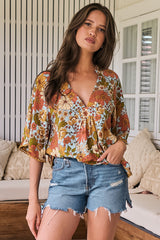 JAASE - Gabriella Top: Mandarin Collar Deep V Neck Crochet Trim Top in Mimosa Print