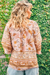 JAASE - Gabriella Top: Mandarin Collar Deep V Neck Crochet Trim Top in Peach Dahlia Print