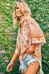 JAASE - Gabriella Top: Mandarin Collar Deep V Neck Crochet Trim Top in Peach Dahlia Print