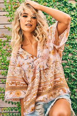 JAASE - Gabriella Top: Mandarin Collar Deep V Neck Crochet Trim Top in Peach Dahlia Print