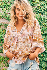 JAASE - Gabriella Top: Mandarin Collar Deep V Neck Crochet Trim Top in Peach Dahlia Print