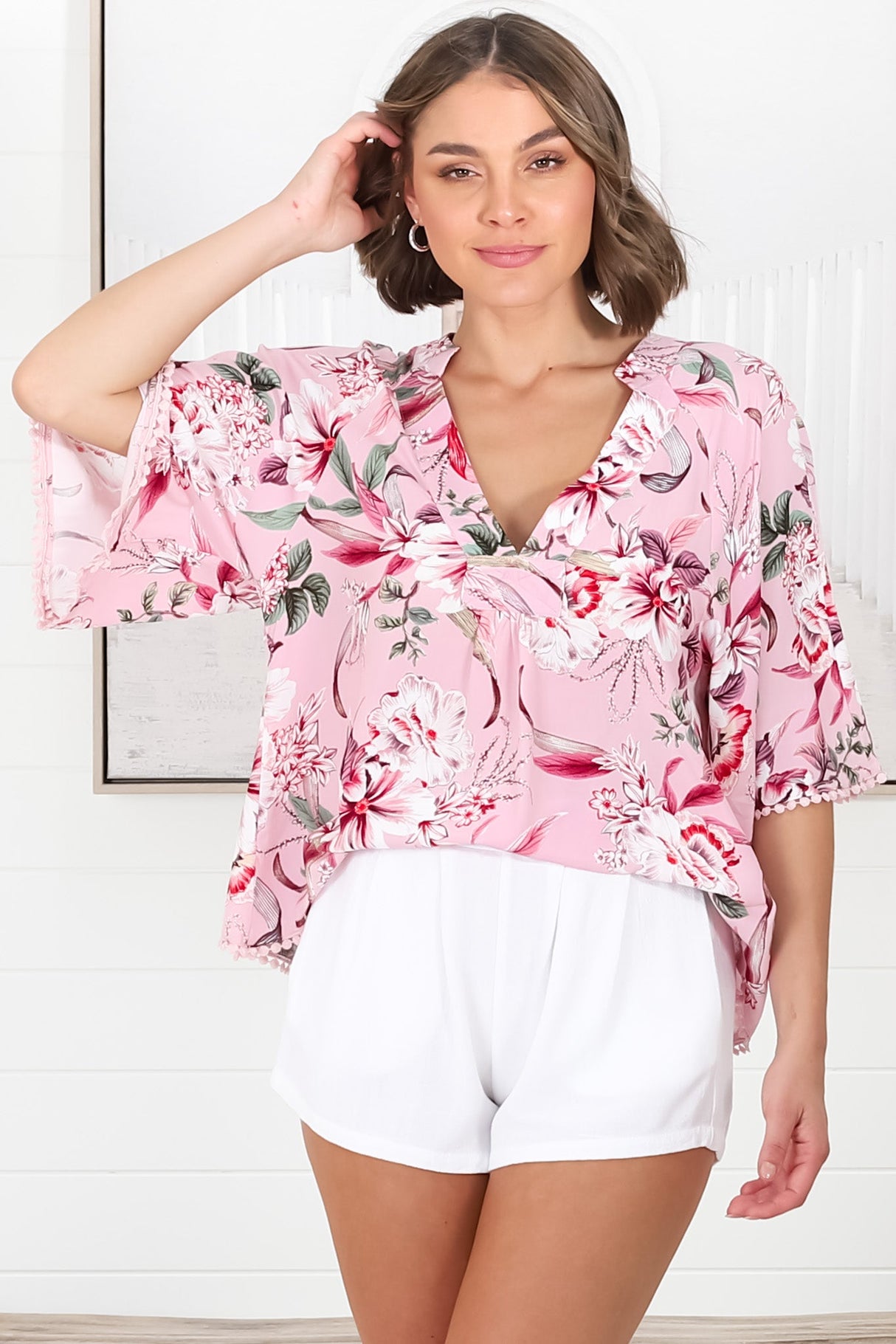 Gabriella Top - Mandarin Collar Deep V Neck Crochet Trim Top in Pink Lotus Print