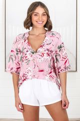 Gabriella Top - Mandarin Collar Deep V Neck Crochet Trim Top in Pink Lotus Print