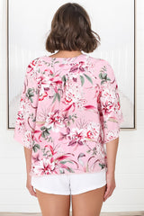 JAASE - Gabriella Top: Mandarin Collar Deep V Neck Crochet Trim Top in Pink Lotus Print