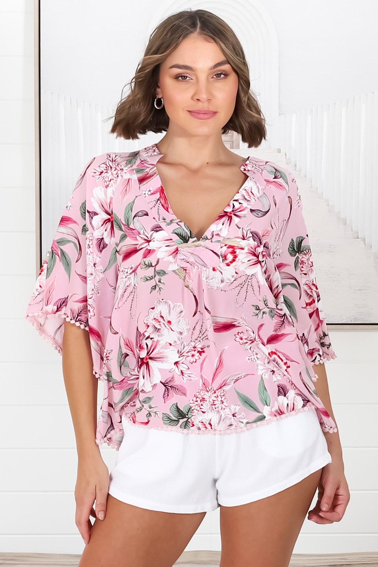 JAASE - Gabriella Top: Mandarin Collar Deep V Neck Crochet Trim Top in Pink Lotus Print