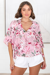 Gabriella Top - Mandarin Collar Deep V Neck Crochet Trim Top in Pink Lotus Print