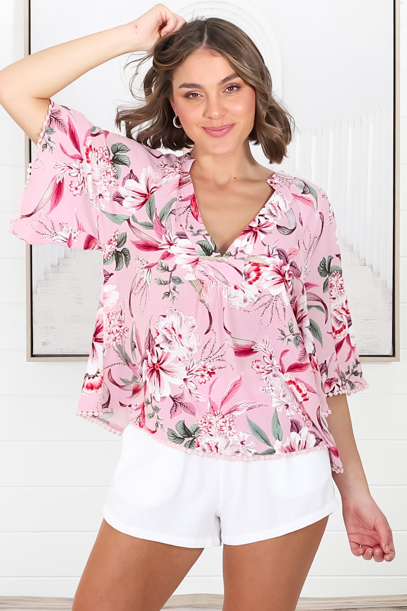 JAASE - Gabriella Top: Mandarin Collar Deep V Neck Crochet Trim Top in Pink Lotus Print