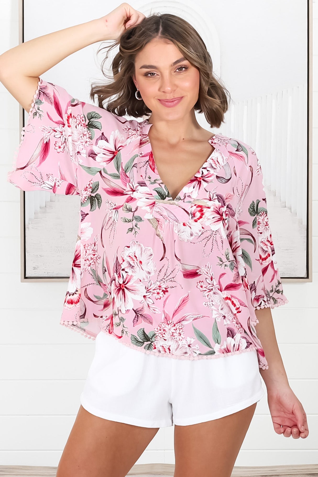 Gabriella Top - Mandarin Collar Deep V Neck Crochet Trim Top in Pink Lotus Print