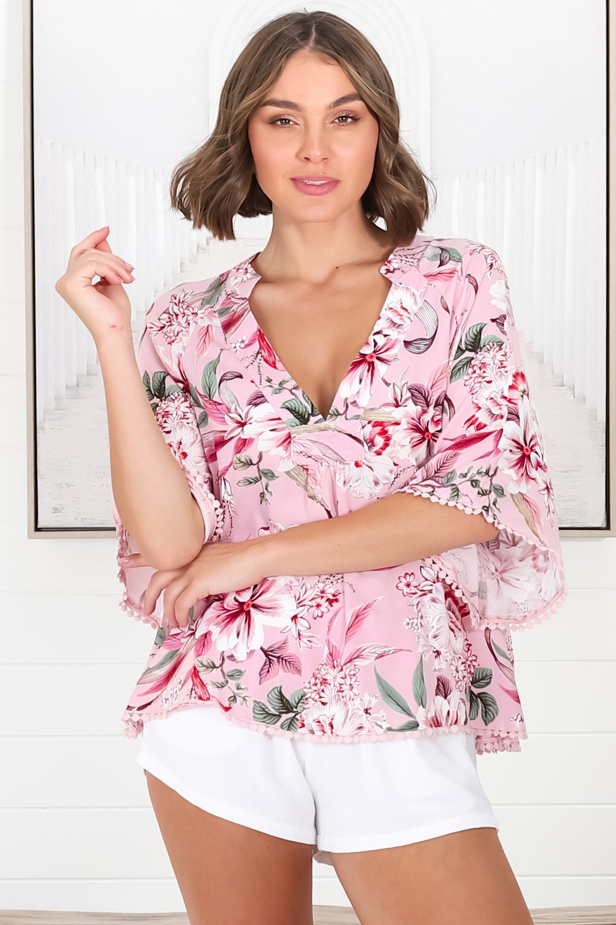 Gabriella Top - Mandarin Collar Deep V Neck Crochet Trim Top in Pink Lotus Print