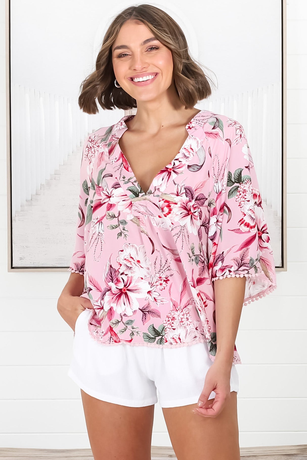 Gabriella Top - Mandarin Collar Deep V Neck Crochet Trim Top in Pink Lotus Print