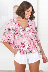 JAASE - Gabriella Top: Mandarin Collar Deep V Neck Crochet Trim Top in Pink Lotus Print