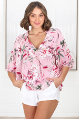 Gabriella Top - Mandarin Collar Deep V Neck Crochet Trim Top in Pink Lotus Print